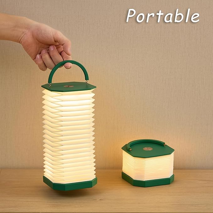 Paper Lamp House Warming Gifts, Portable Cordless Foldable Small Bedside Lamp, Retro Green Accordion Desk Lamp, Paper Lantern Lights 1200mAh, Japanese Gifts Collapsible Pleated Wireless lamp