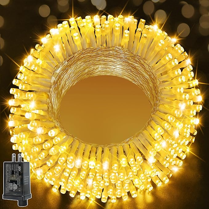 Ollny Christmas Lights 200LED 60FT Indoor, Warm White Connectable Plug in String Light Outdoor, 8 Modes Waterproof Timer LED Fairy Lights for House Outside Bedroom Patio Balcony