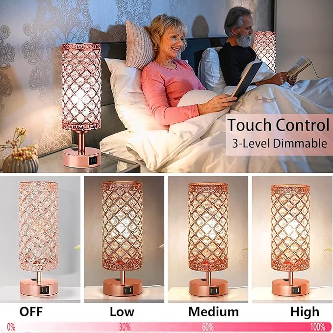 Rose Gold Crystal Table Lamp, Pink Desk Lamp Room Decor Touch Control Nightstand Night Light Girly Bling Lamps with 4 Charging Ports & Bulb Included for Home, Office, Living Room