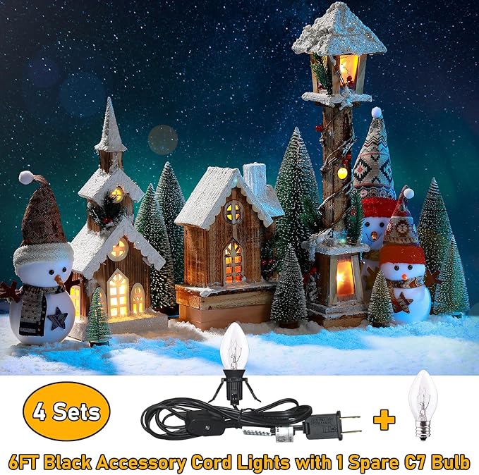 4 Pack Black Accessory Cord with 8Pcs C7 Bulbs (4 for Spare), 6 Feet Clip-in Lamp Cord with On/Off, Light up Halloween Xmas Decor - Lights for Pumpkin Christmas Village House Salt Lamp & Blow Mold