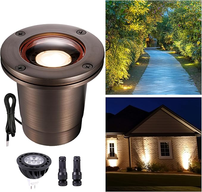 Gardenreet Brass Well Light - IP67 Waterproof Low Voltage In-Ground Outdoor Light, 12V LED Landscape Lighting, Antique Bronze for Pathway Wall Tree with 2700K Warm MR16 Bulb