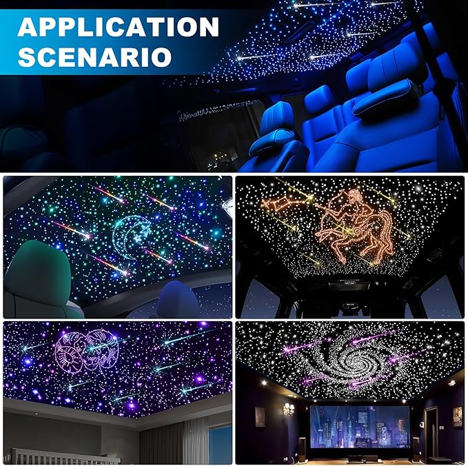 Car Starlight Headliner Kit, 4 Colors 32W Twinkle & Meteor Fiber Optic Shooting Stars Lights, 2 in 1 Light Engine 1000pcs*0.03in*13.1ft+240 RGBW 4 Port Ceiling Starlights for Car Home Roof Décor