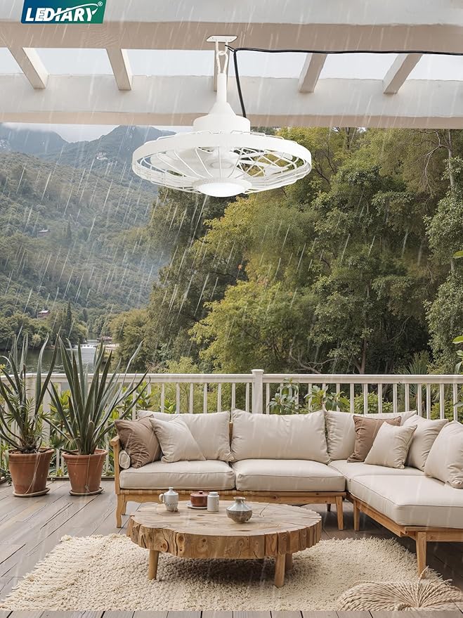 LEDIARY 20" Outdoor Ceiling Fan with Lights,IP65 Waterproof Gazebo Hanging Fan with Remote Control Smart App, Plug in Caged Ceiling Fan with 3CCT 6-Speeds for Patio Porch Pergola(White)
