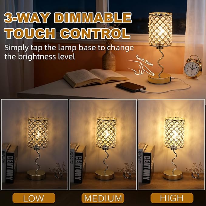 Crystal Table Lamp with 3 Way Dimmable Touch Control, Nightstand with USB A+C Ports, Modern Bedside Touch Lamp for Bedroom, Living Room, Office Reading, Gold