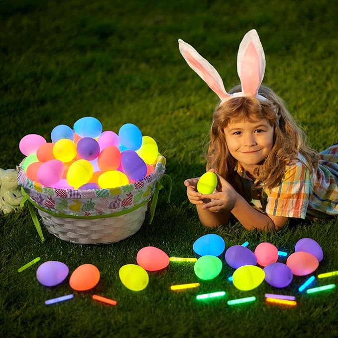 JOYIN 120 Pcs Easter Eggs with 120 Mini Glow Sticks for Kids Glow-in-The-Dark Basket Stuffers Fillers Gift, Easter Egg Hunt Game Party Favors Decorations Supplies, Classroom Prizes