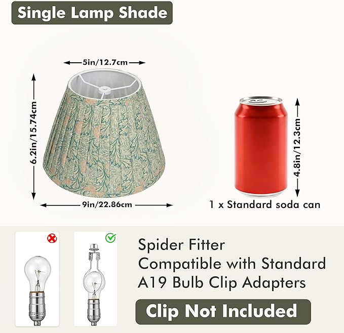 Sage Green Empire Pleated Lamp Shade - 1 Pack, 5" x 9" x 6.2" Small Vintage Leaves Print Fabric Lampshade for Table Lamp, Spider Fitter Replacement Lamp Shade, Assembly-Free