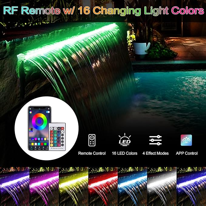 24'' APP Control Pool Waterfall with RGB LED Lights, Stainless Steel Pond Fountain Set for Outdoor Decorations, Patio Waterfall Spillway Kit w/16 Color Changing, Easy Install