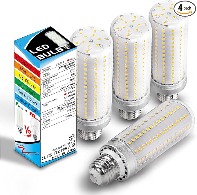 1.77x 5.9 inch,E26 E27 LED Corn Light Bulb 200W Replacement 3000 lm 4000K Natural White,20W E26 Medium Base Non-dimmable Candelabra Ceiling Fan Corn Lighting for Home Garage Warehouse Corn Bulbs,4Pack