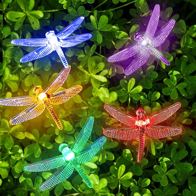 20 LED Dragonfly Solar String Lights, 8 Modes Waterproof Multicolor Lights Outdoor, 16 FT Solar Powered Dragonflies String Lights for Garden Fence Patio Yard Christmas Tree & Party Decor
