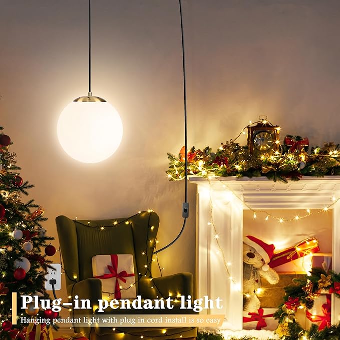 KoKo&Yukina 10" Globe Pendant Light Gold Plug in Pendant Light Adjustable Hanging Lights with Plug in Cord Brushed Gold Finished with Milk Glass Lampshade for Bedroom Kitchen Island（Bulb Included）