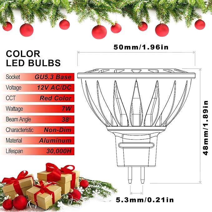 ALIDE Red MR16 GU5.3 Led Bulbs 5W,20W 35W 50W Halogen Equivalent,12V Low Voltage MR16 Led Red Bulb Spotlights for Outdoor Landscape Yard Garden Tree Christmas Holiday Lighting,Not Dimmable,3 Pack