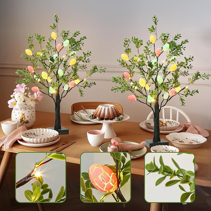 EAMBRITE Easter Decorations Easter Tree with Eggs, 2Ft Tabletop Tree with 24 LED Lights, Lighted Artificial Tree Battery/USB Operated Light up Easter Egg Tree for Spring Home Decor (2 Pack)