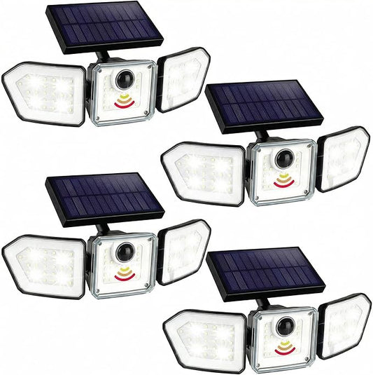 Bionic Flood Light 4 Pk Solar Lights Outdoor Waterproof, Ultra Bright 89 LEDs, 3 Heads Wide Angle Motion Sensor Outdoor Lights for Security, Wall, House, Spot Light, IP65 Waterproof – Stakes Included