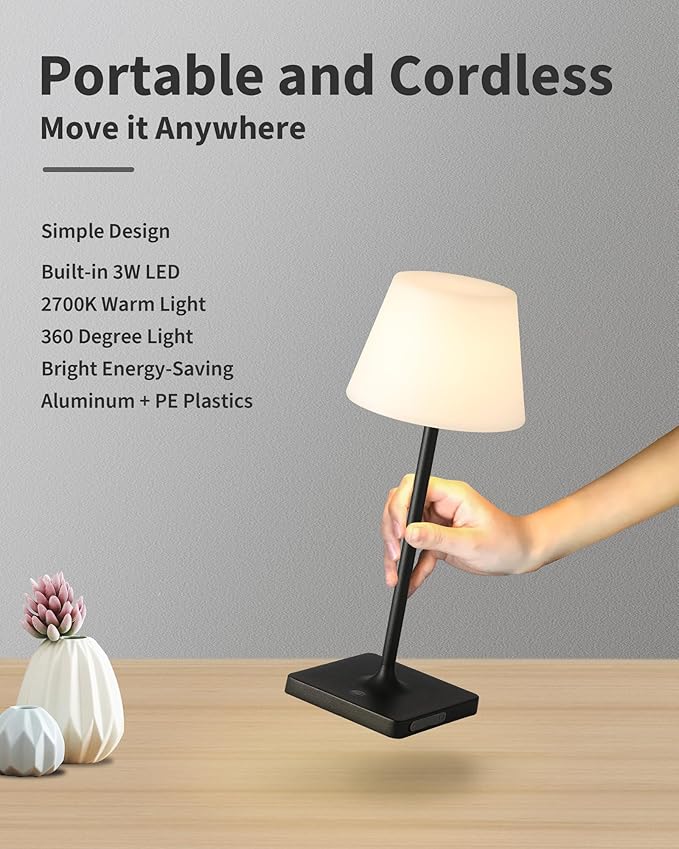 Outdoor Waterproof Cordless Table Lamp, 4000mAh Portable Rechargeable Battery Powered Dimmable LED Touch Table Light, Modern Night Light for Bathroom, Shower, Patio, Bedroom (Black 14.5")