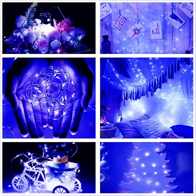 Blue Fairy Lights Battery Operated 3 Speed Modes 7Ft 20 LED Mini Christmas Tree String Waterproof Twinkle Firefly for Bedroom Thanksgiving Valentine's Decor