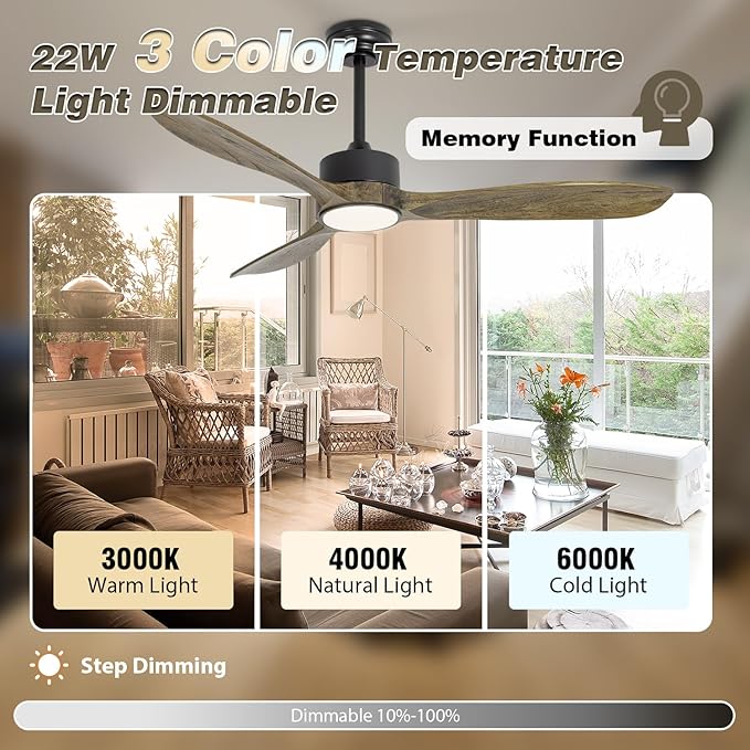VACILL Ceiling Fans with Lights and Remote, 52inch Amber Wood Fan, 6 Speeds Silent Reversible DC Motor,3CCT LED Dimmable Light with Memory Function Indoor Outdoor Fan Farmhouse Bedroom Living Room