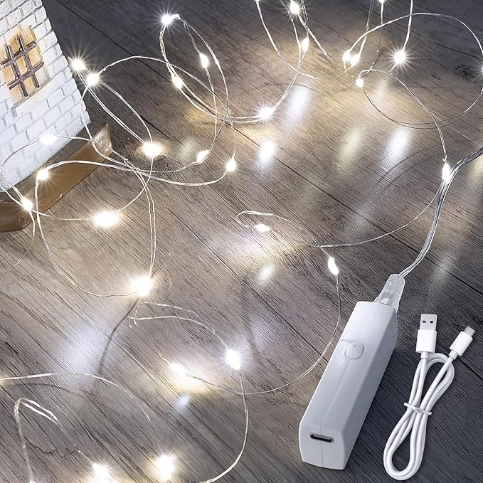 Lakumu Fairy Lights Battery Operated-Rechargeable LED String Lights with Timer, 8Modes Twinkle Lights for Bedroom, Christmas Decorations, Wedding, Vine, Centerpiece Table Decor (5M/16FT Cool White)