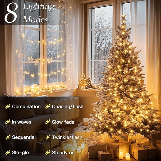 66FT 200 LED Christmas Tree Lights, Bright Warm White Outdoor Christmas String Lights for House, Fairy Lights with 8 Modes, Waterproof & Durable Indoor Outdoor Decor, Timer Included