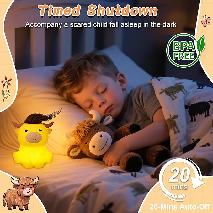 Highland Cow Night Light, Fluffy Cow Squisy Lamp for Kids, Soft Silicone Animal Nightlamp with 2 Levels Dimmable & 20 Mins Timer, Rechargeable LED Light Gifts for Baby Boys Girls