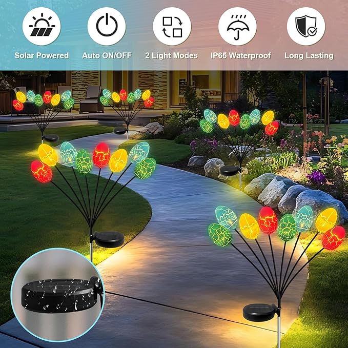 4 Pack Solar Easter Egg Lights with 32 Multicolor LED Eggs, Waterproof Colorful Solar Powered Outdoor Lights for Yard, Pathway, Porch & Patio - Easter Decorations