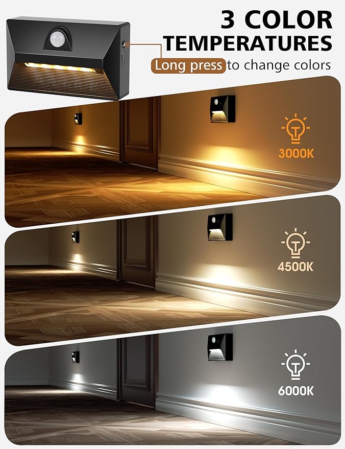 NIORSUN Motion Sensor Night Light, Rechargeable Stair Lights Indoor, 3 Colors and Motion Modes Battery Night Light with Light Sensor for Stairway, Hallway, Bathroom, Kitchen, Bedroom Black 4 Pack
