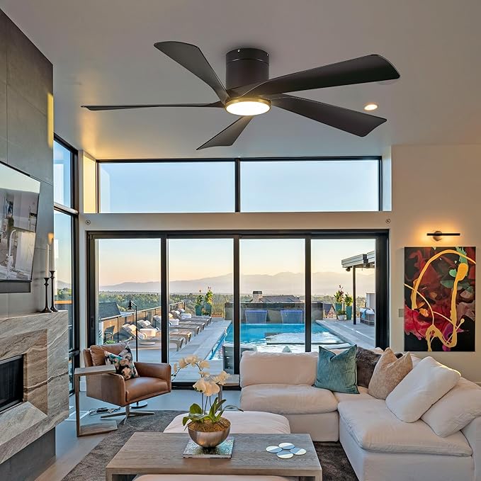 Ceiling Fan with Light and Remote/APP, 52” Flush Mount Ceiling Fans, 6 Speeds Mute Reversible Motor, 3CCT, Dimmable,Black Low Profile Modern Ceiling Fans for Indoor and Outdoor, Bedroom, Patios