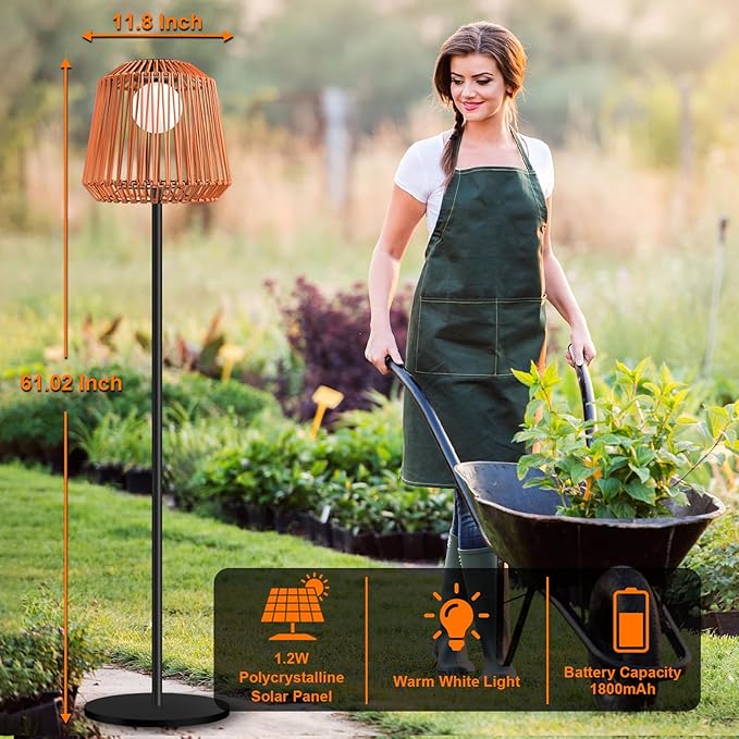Outdoor Solar Floor Lamp, Garden Rattan Wicker Light, Metal Pole and Base, Waterproof Yard Garden Wedding Home Decor Light