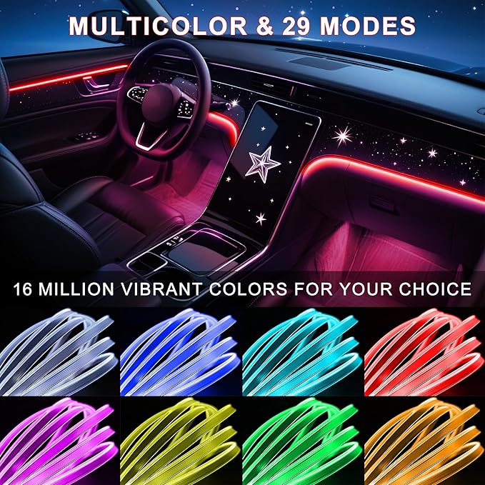 Interior Car LED Lights Wireless APP Control 5 in 1 RGB Ambient Lighting Kit with 236" Fiber Optic, 16 Million Colors Music Sync Waterproof LED Strip Lights for Cars Trucks SUVs Auto Interior Decor