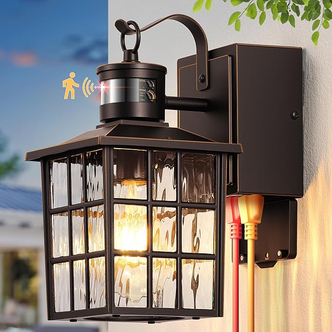 Gleamz Motion Sensor Exterior Garage Lighting Fixtures with GFCI Outlet, Farmhouse Oil Rubbed Bronze Gold Trim Outdoor Porch Lights Wall Mount, Waterproof Dusk to Dawn Outdoor Sconce Lights for House