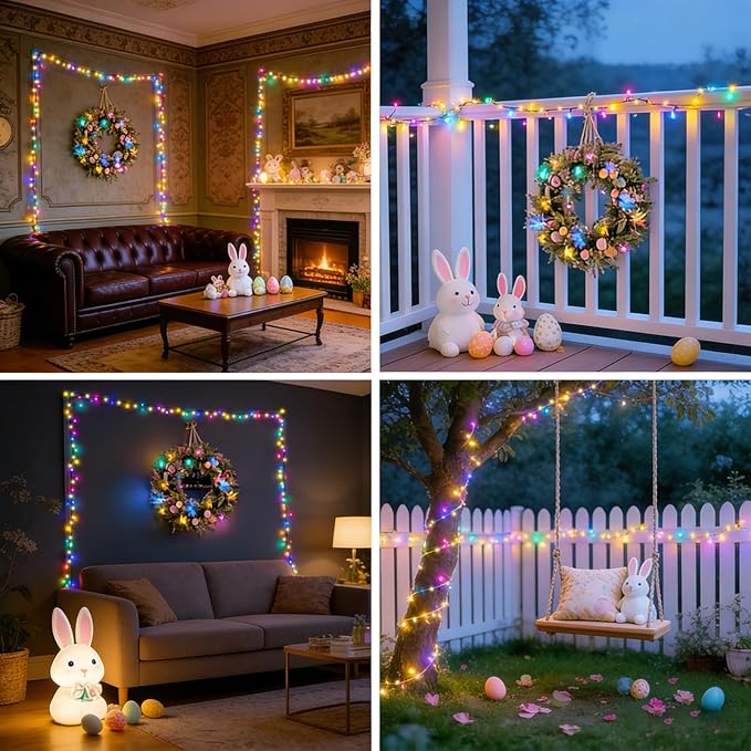 LAMPHOME 66ft Easter String Lights Plug in, 200 LED Pastel Twinkle Fairy Lights Green Wire, 16 Modes Easter Outdoor Indoor Decorations for Christmas Tree Xmas Wedding Party (Warm & Multicolor)