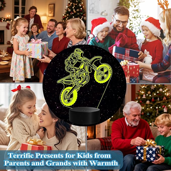 Dirt Bike Night Light, Dirt Bike Gifts, 3D Illusion Lamp with Remote Control, 16 RGB Colors, 4 Flashing Modes, Timer, Dimmable, Kids Room Decoration for Holiday Birthday Christmas