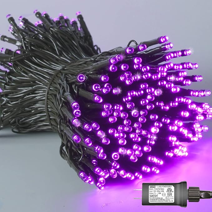 YEGUO 66ft 200 LED Purple Halloween Lights Outdoor Waterproof, Green Wire Christmas String Lights Indoor, 8 Modes Twinkle Tree Lights Plug in with Timer Memory
