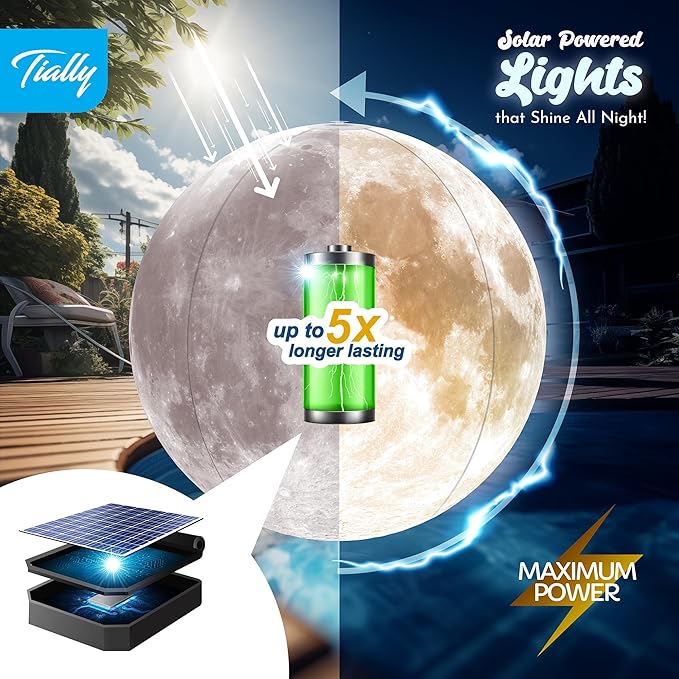 TIALLY Full Moon Floating Pool Lights Solar Powered - 14", That Float, Inflatable Waterproof Led Light Balls, Swimming Pool Accessories for Inground Pools, Party Decor for Outdoor (4 Pack)