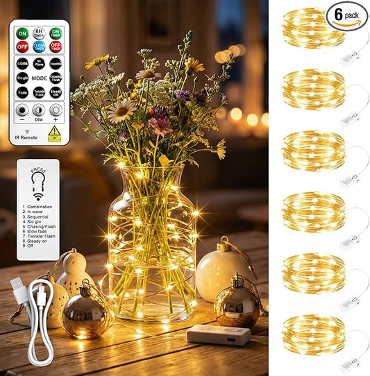6 Pack Rechargeable Fairy Lights with Remote & DIY Timer, 7ft 20LED Dimmable Silver Wire String Light for Mason Jar, Mini Twinkle Lights for Indoor Christmas Bedroom Wedding Decor, Warm White