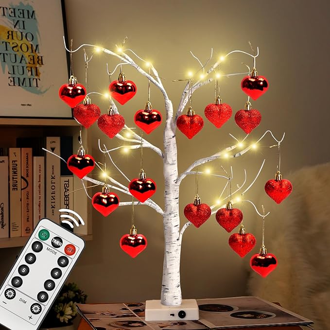 24" Valentine's LED Lighted Birch Tree with 18pcs Ornaments,Warm White LEDs Birch Tree Light Tabletop Artificial Tree 8 Lighting Modes USB or Batteries Operated with Timer for Valentine