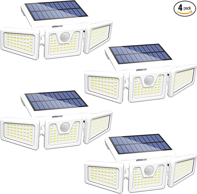 INCX Solar Lights Outdoor with Motion Sensor, 3 Heads Security Lights Solar Powered, 156 LED Flood Light Motion Detected Spotlight for Garage Yard Entryways Patio, IP65 Waterproof, White, 4 Pack