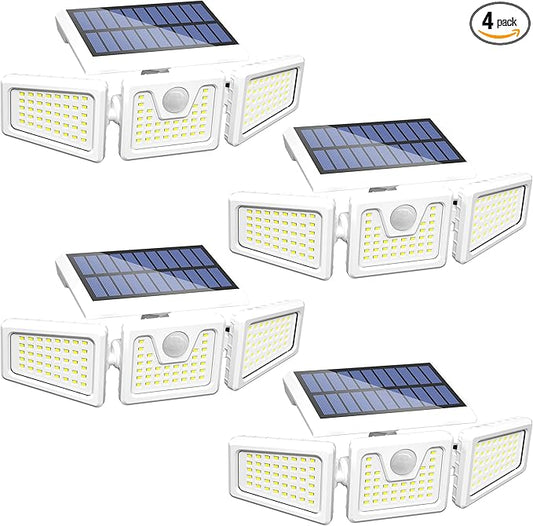 INCX Solar Lights Outdoor with Motion Sensor, 3 Heads Security Lights Solar Powered, 156 LED Flood Light Motion Detected Spotlight for Garage Yard Entryways Patio, IP65 Waterproof, White, 4 Pack