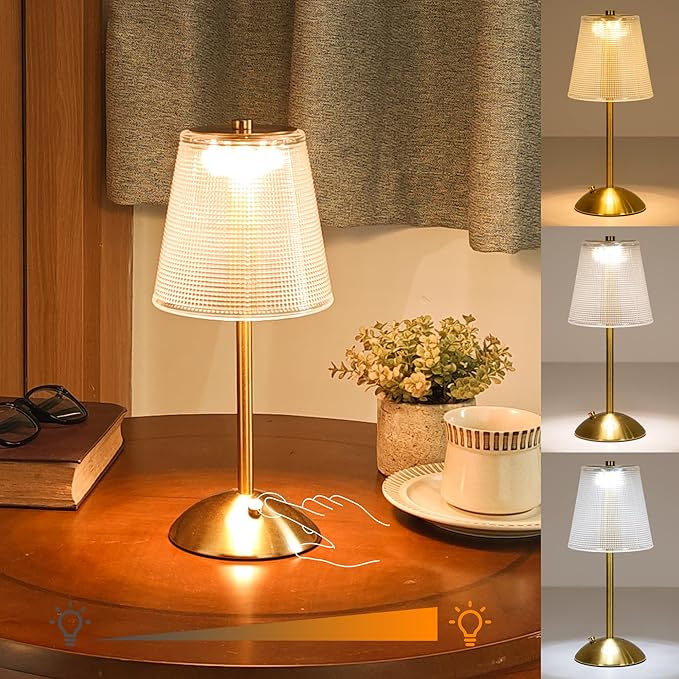 Cordless Table Lamp, 4000mAh Rechargeable Battery Operated Lamp, 3 Color Modes & Stepless Dimmable LED Touch Lamp, Portable Crystal Metal Beside Lamps for Bedroom Restaurant Outdoor(Black)