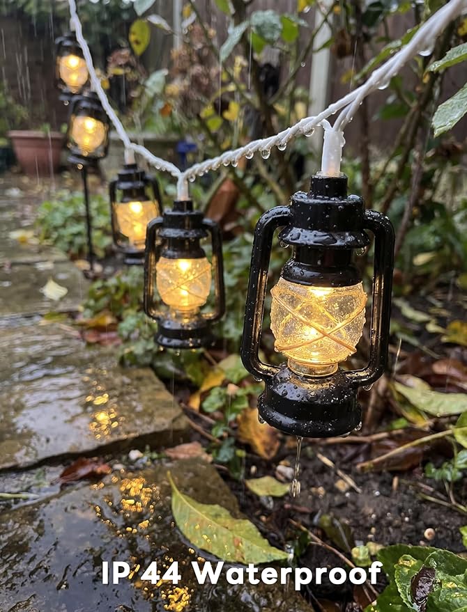 8.5Ft Black Mini Kerosene String Lights, Vintage Fairy Decorative Lights with 10 Mini Black Kerosene Lights, Connectable Outdoor Lantern Christmas Light for Bedroom Camping Wedding Garden Holiday