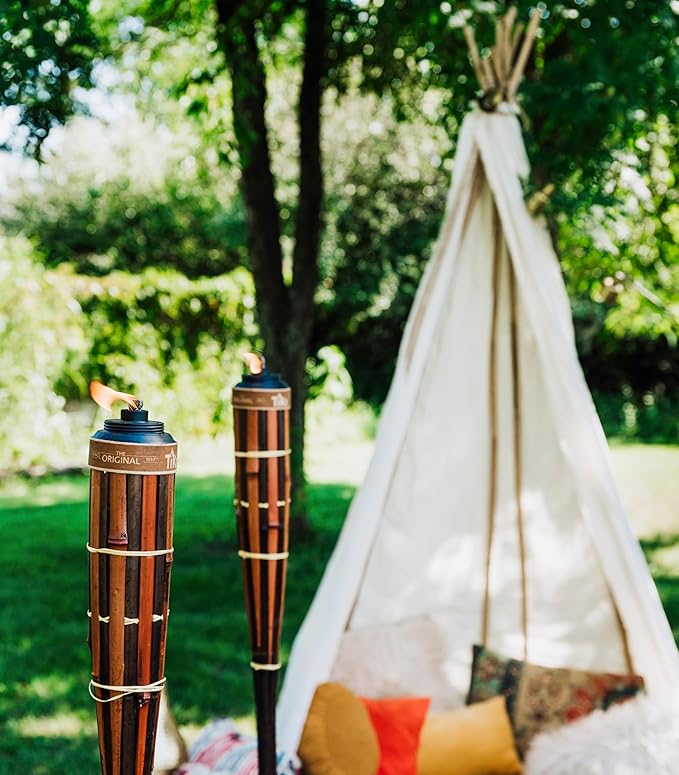 TIKI 60-Inch Bamboo Torches (4-Pack) – Natural Outdoor Torches with Easy Pour Canisters, Long-Lasting Fiberglass Wicks & Snuffers – Patio, Garden, Lawn & Backyard Decor – Walnut/Pecan Finish