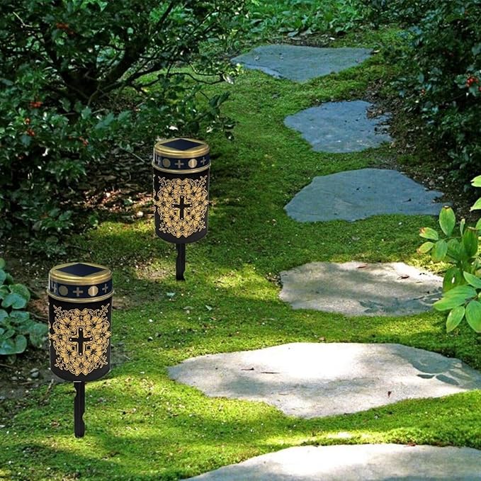 Cemetery Solar Lights Waterproof Solar Powered Grave Lights Golden Cross Landscape LED Flameless Candle Grave Decor Memorial Gift Garden Decor