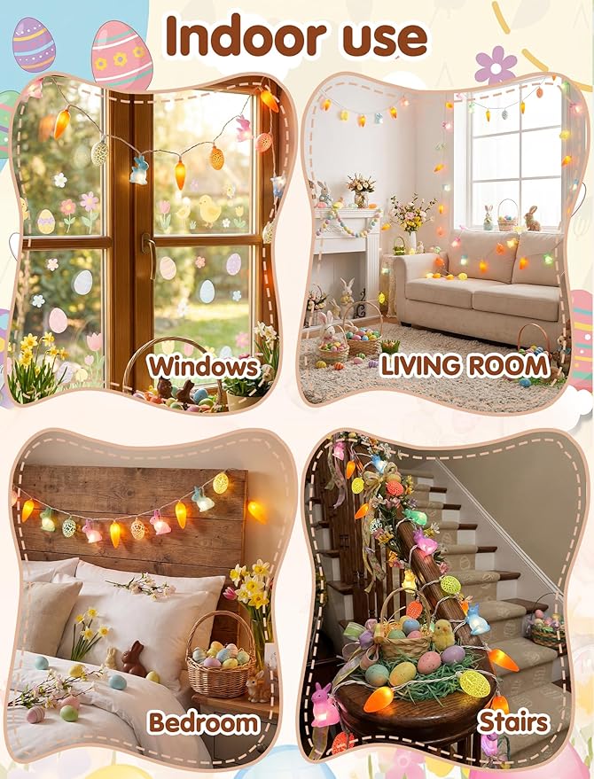 Easter Rabbit Carrot Egg String Lights, 12Ft 20 LED Multicolored Bunny Carrot Easter Egg Fairy Lights, Plug in Spring Decor for Indoor Outdoor Home Bedroom Garden Party Decorations