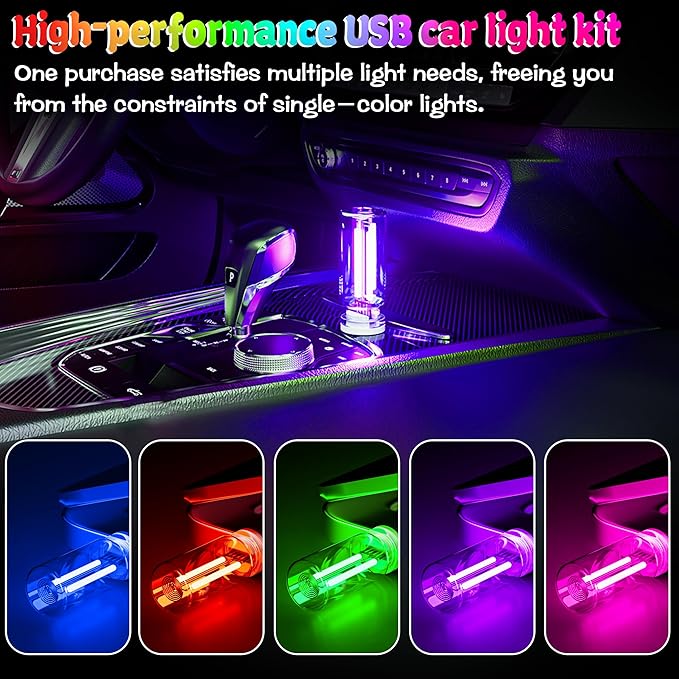 4 PCS Car USB Light Blub, Plug-in LED Ambient Lighting with Touch Dimming. The Brightness Can Be Adjusted Making It for Cars, Bedrooms, Hallways (4 Purple)