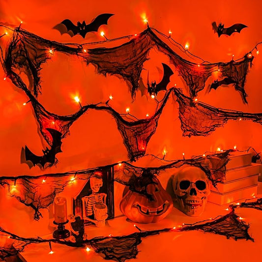Halloween Lights Battery Operated or USB, Creepy Cloth String Lights with Timer Waterproof 9.8ft 30LED Orange String Lights Halloween Decortions for Fireplace Window Door Mirror