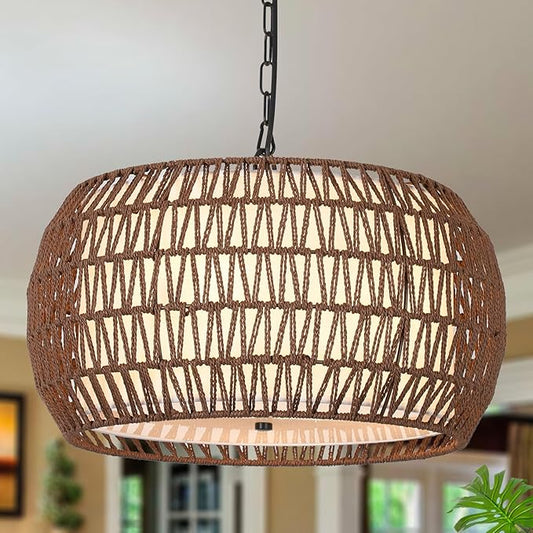 Rattan Farmhouse Chandelier Light Fixtures,5-Lights Boho Large Pendant Light,Woven Chandeliers for Dining Room with Fabric Shade,Rustic Hanging Light Fixtures for Kitchen Island-Dark Brown