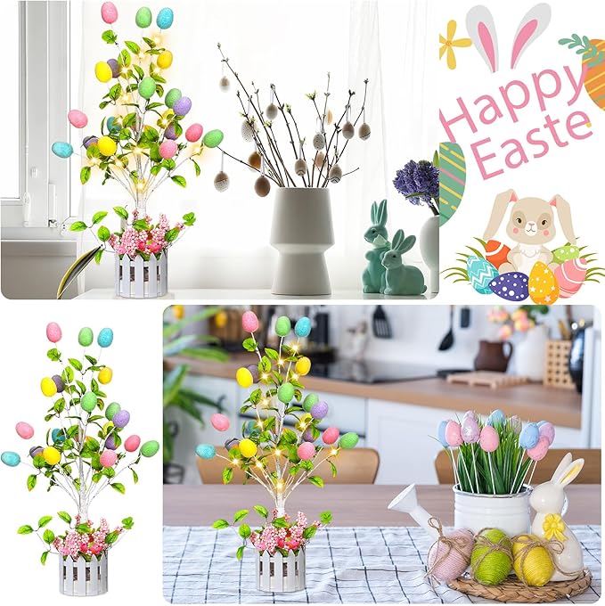 24 Inch Tall Lighted Easter Egg Tree Tabletop Decoration with LED Light Indoor Glow Easter Egg Tree Table Decor for Home Party Wedding Holiday Spring Party Decoration