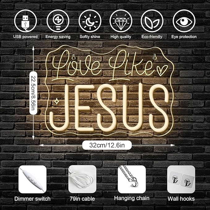 Horseneon Love Like JESUS Neon Sign - Scripture LED Wall Decor for Churches, Home Altars & Christian Gifts, USB-Powered Adjustable Brightness, Faith-Based Lighting