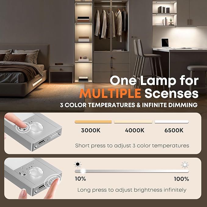 Under Cabinet Lights Wireless, 2 Pack 8.3 inch 1500mAh 3000K 4000K 6500K 3 Color Temps Dimmable Motion Sensor Light Indoor, Rechargeable LED Under Counter Lights for Kitchen, Stairs, Closet