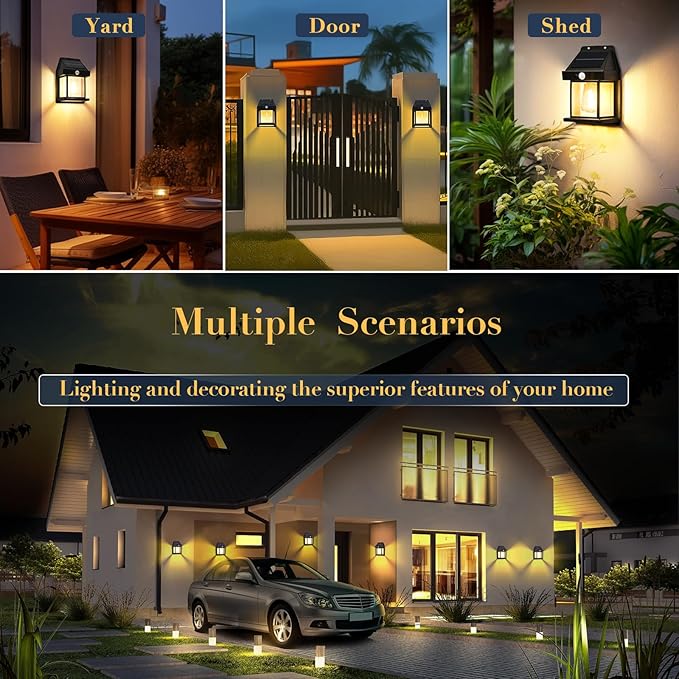 2-Pack 8.2" H Outdoor Solar Powered Wall Sconce Lights Dawn to Dusk Motion Sensor 3 Lighting Modes for Porch Garage House Patio Shed Barn Door Yard Outside Decorative Waterproof -Black.