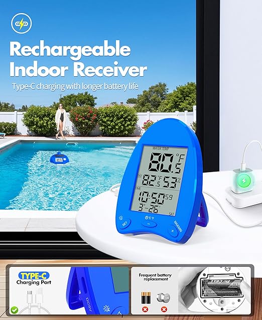 2026 Solar Wireless Pool Thermometer, 650FT Transmission | Extra-Large Backlit Digital Display - Easy Read at Night | IP68 Waterproof Floating Pool Temperature Thermometer for Hot Tub, Spa